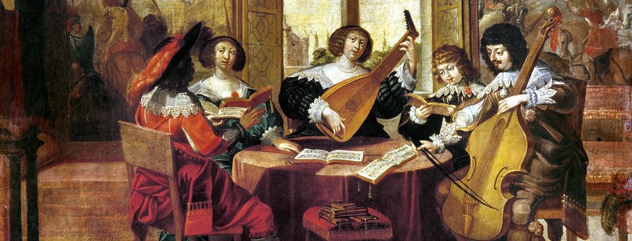 A Renaissance painting of several men with instruments sitting around a table.