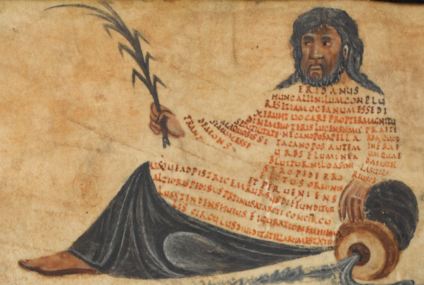 Illustration of the longest constellation in the sky, Eridanus or river god with his body formed of text or scholia.