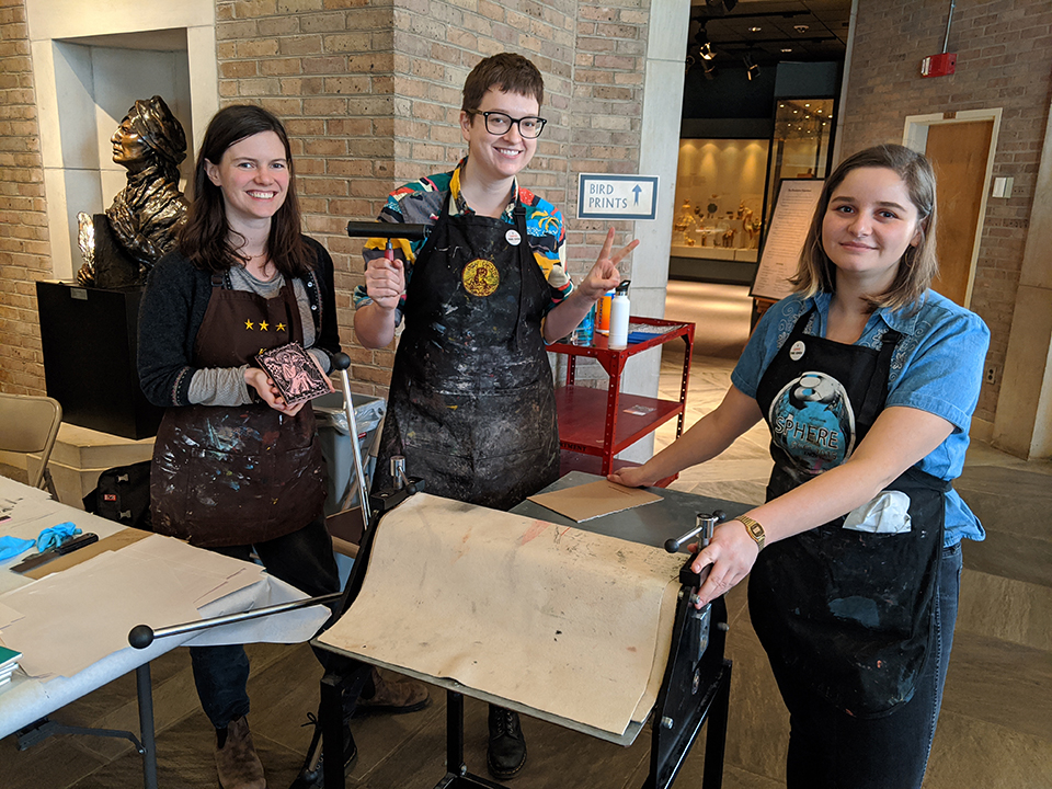Muriel Condon, Kristina Key, and Erin Wohletz demonstrated the art of intaglio printmaking to Knoxville area students at Family Medieval Day.