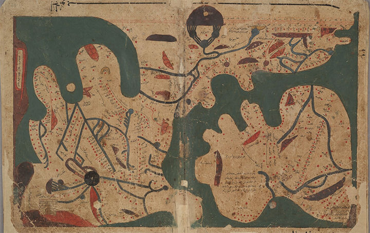 Medieval manuscript map showing Africa, Europe, and Asia