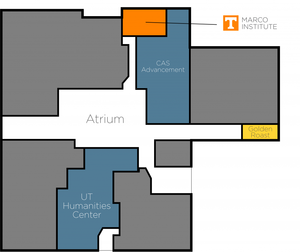 Floor map showing the Marco Institute next to CAS Advancement just down the hall from the Atrium